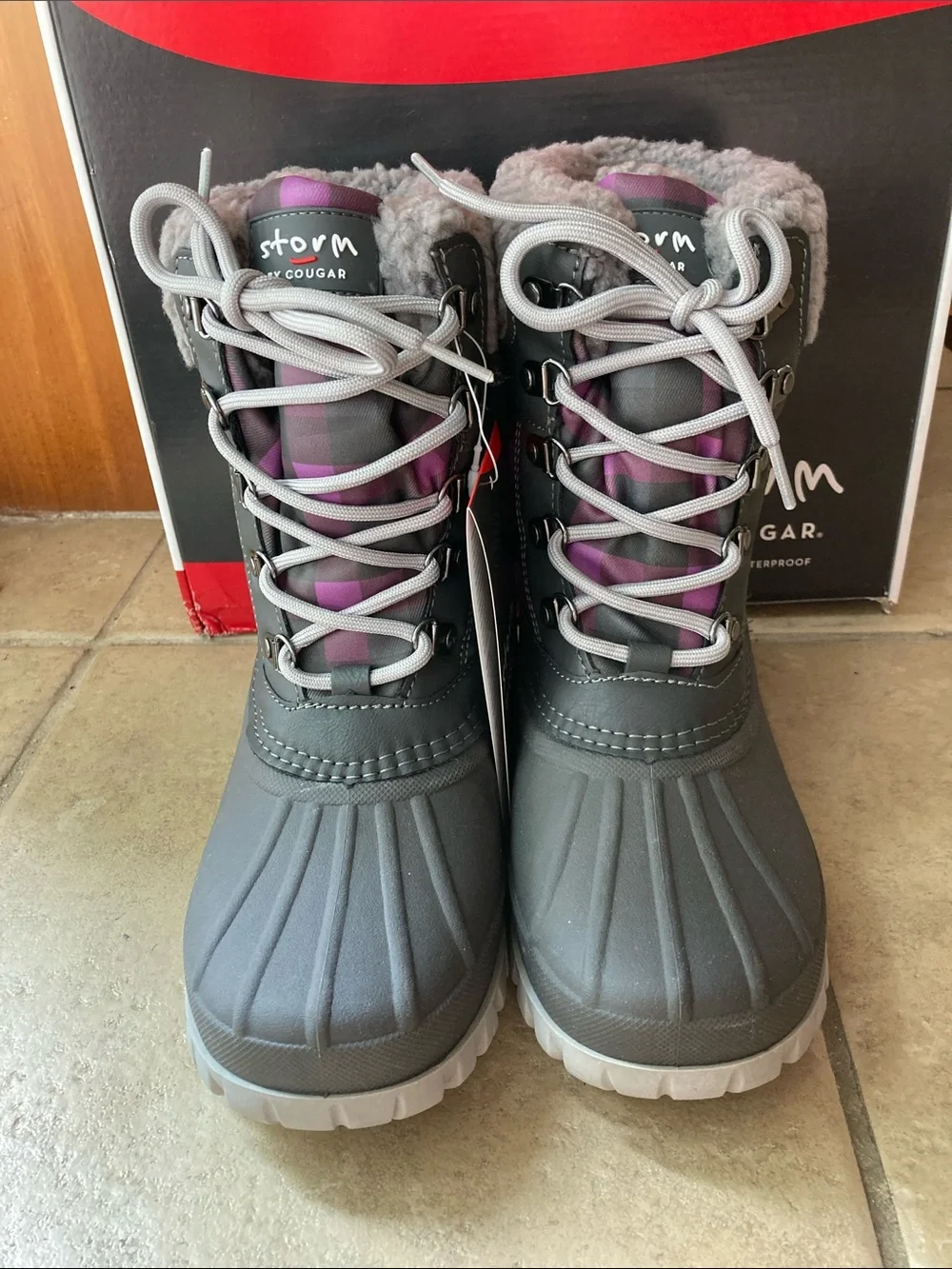 NWT Cougar Storm Gray and Purple Plaid Winter Boot -Size 7